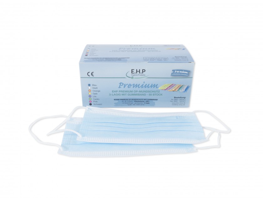 EHP Medizinischer OP-Mundschutz mit Gummiband, Blau, 50 Stück