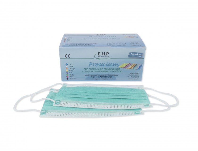 EHP Medizinischer OP-Mundschutz mit Gummiband, Grün, 50 Stück
