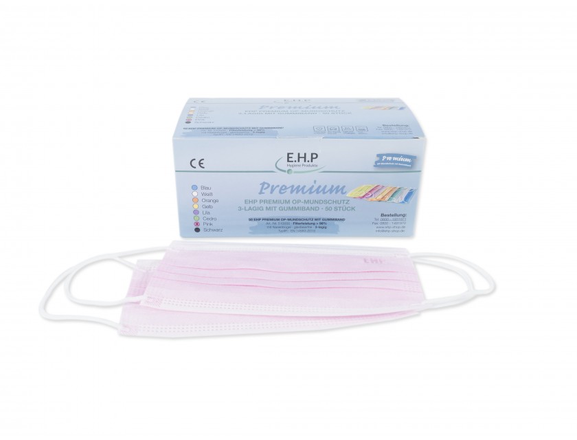 EHP Medizinischer OP-Mundschutz mit Gummiband, Rosa, 50 Stück