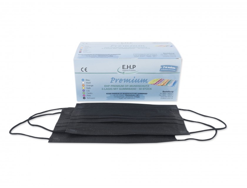 EHP Medizinischer OP-Mundschutz mit Gummiband, Schwarz, 50 Stück