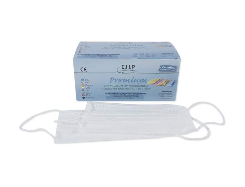 EHP Medizinischer OP-Mundschutz mit Gummiband, Weiß, 50 Stück